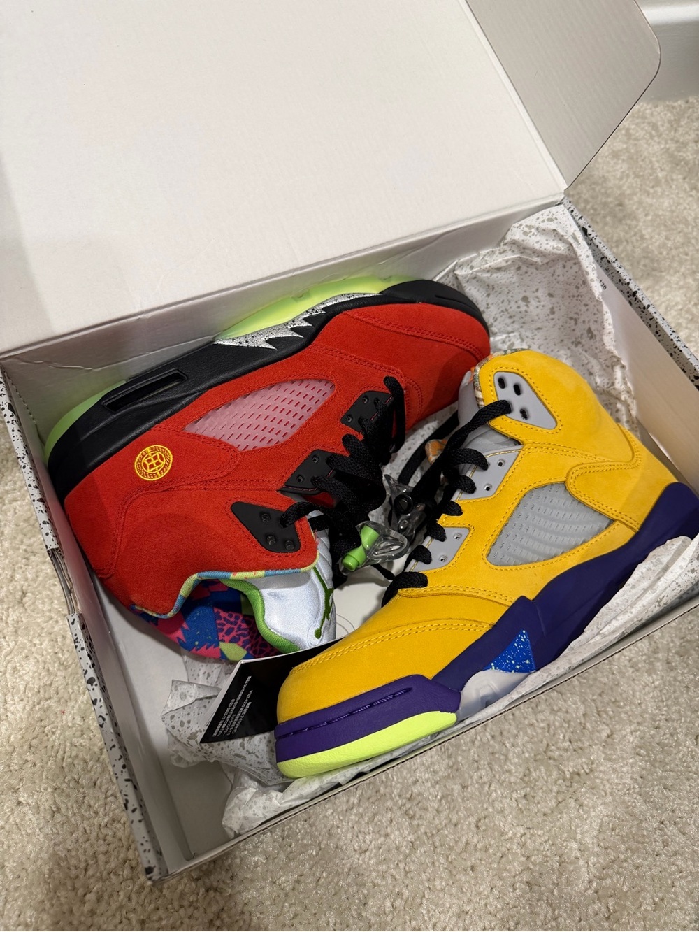 Jordan Mismatched Retro Basketball Shoes in Red, Yellow, Black and Neon Green
